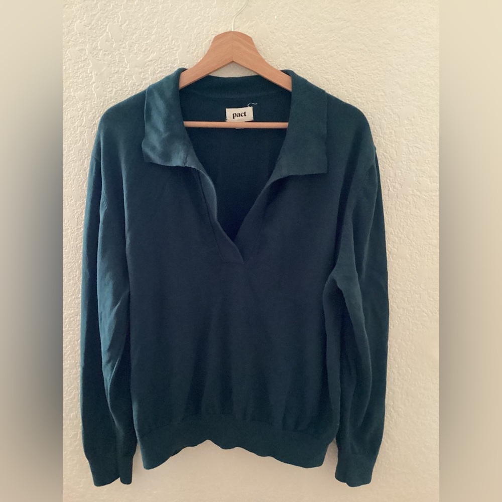 Pact Teal Sweater Long sleeve V neck Collared Pullover Top